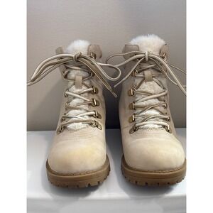 Shimmer Cream‎ Faux Fur Trim Lace Up Ankle Hiker Boots Size 6.5M Women's